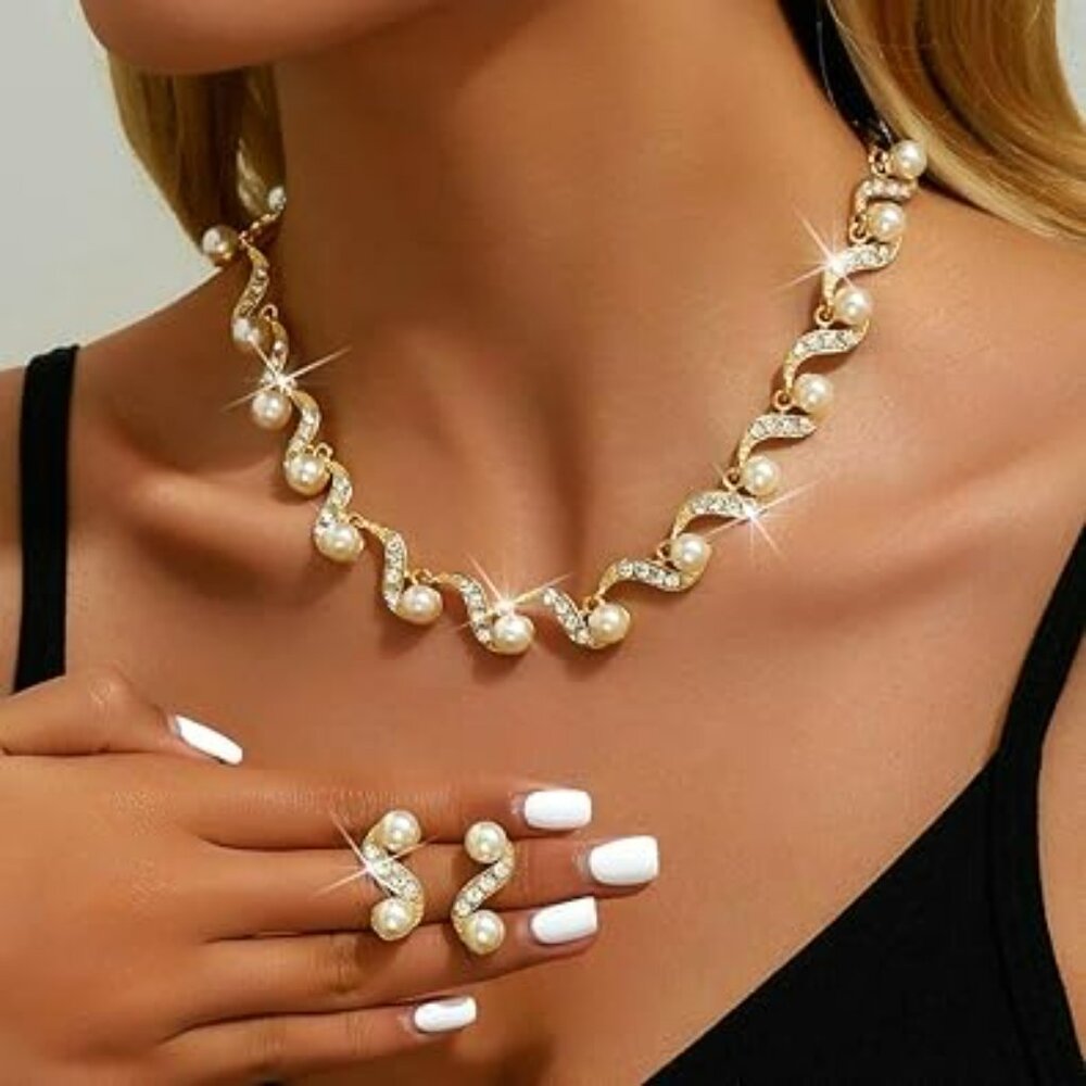 Gold & Pearl Jewelry Set Rhinestone Necklace‎ Earrings Classy Fashion